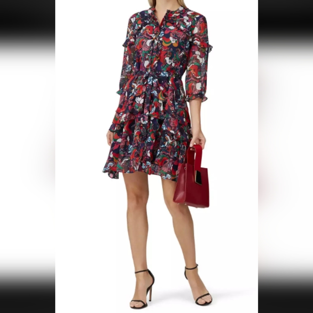 SALONI Women's 8 Pink Blue Silk Chiffon Ruffle Mini Dress Bishop Sleeve